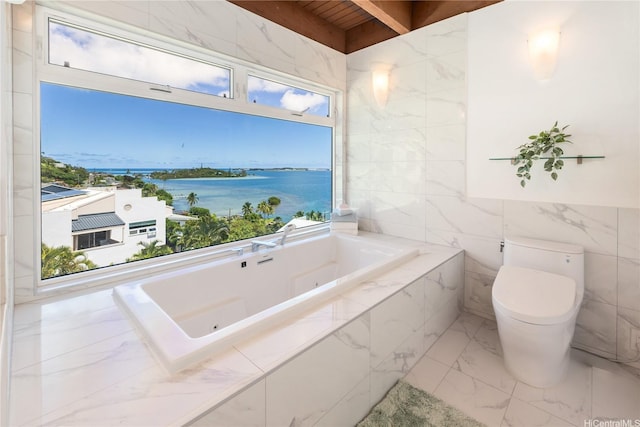 45-081 Lilipuna Rd Unit F, Kaneohe, HI 96744 - bathroom with a water view, marble finish floors, toilet, a whirlpool tub, and tile walls