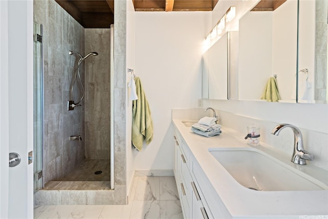 45-081 Lilipuna Rd Unit F, Kaneohe, HI 96744 - bathroom featuring marble look tiles, a tile shower, and double vanity