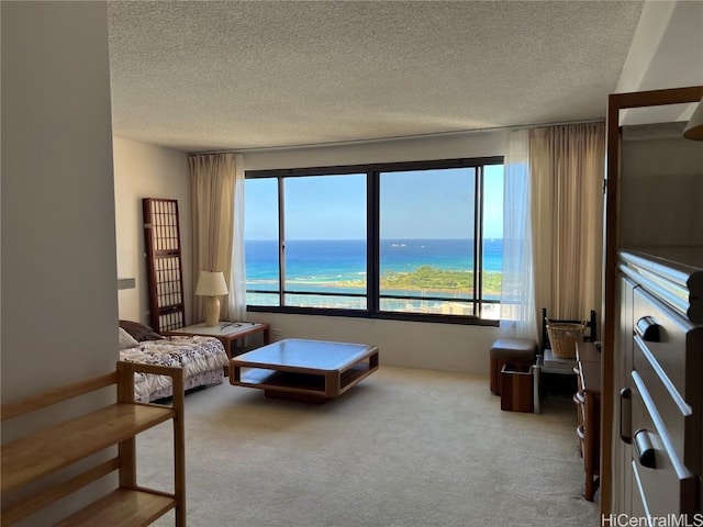 sitting room with a water view, a textured ceiling, and carpet flooring