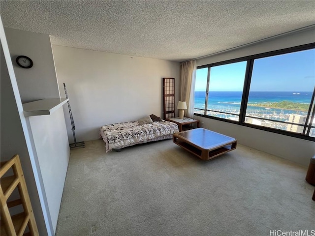 unfurnished living room with a view of the beach, carpet, a water view, and a textured ceiling