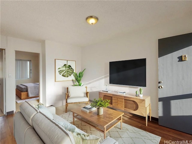 living area featuring baseboards, a textured ceiling, and wood finished floors