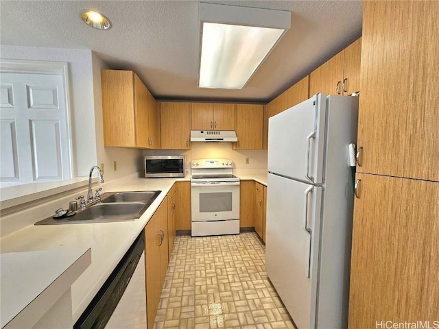 kitchen with white appliances, a sink, light countertops, brick patterned floor, and under cabinet range hood