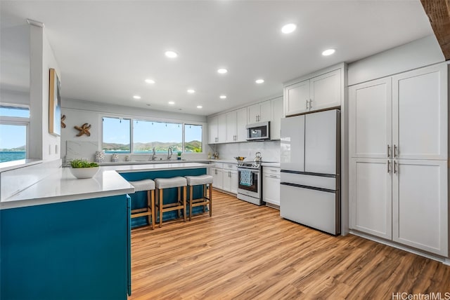 kitchen featuring light wood finished floors, stainless steel appliances, light countertops, and tasteful backsplash