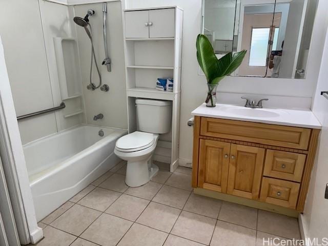 bathroom featuring tile patterned floors, shower / bathtub combination, toilet, and vanity