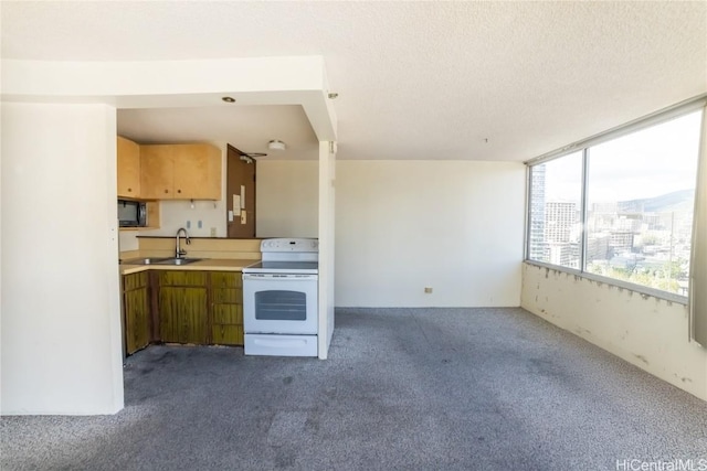 kitchen featuring a sink, light countertops, a textured ceiling, white electric range, and dark carpet