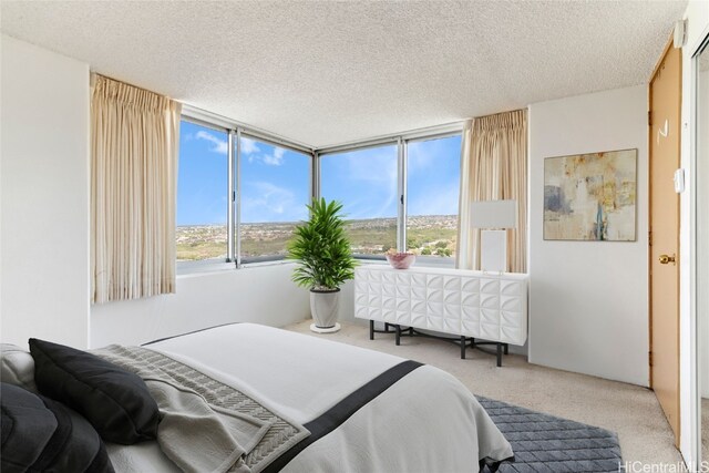 bedroom with multiple windows, carpet floors, and a textured ceiling