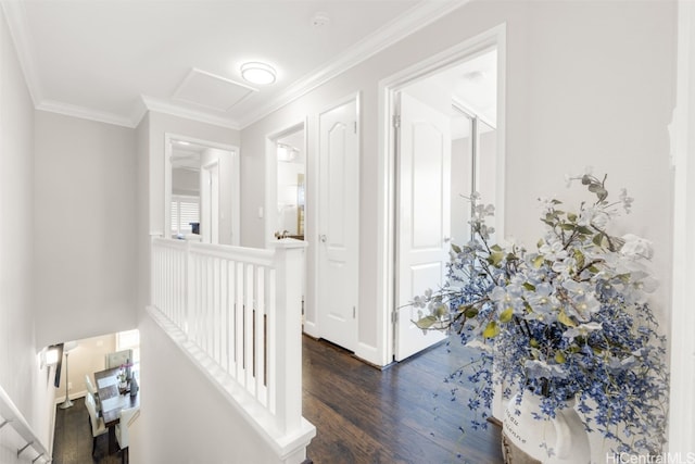 hallway featuring an upstairs landing, dark wood-type flooring, attic access, and crown molding