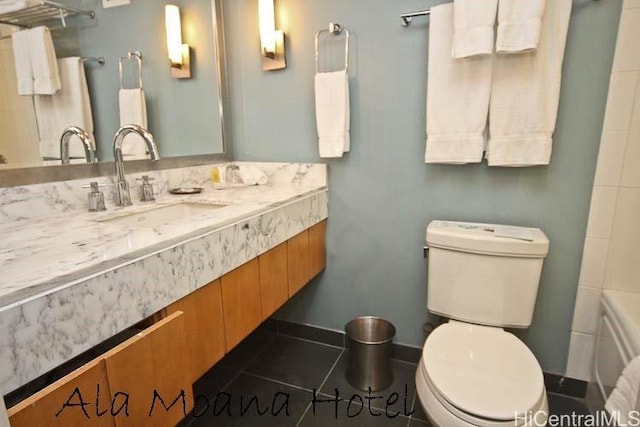 full bath with tile patterned floors, toilet, a shower, a bathtub, and vanity