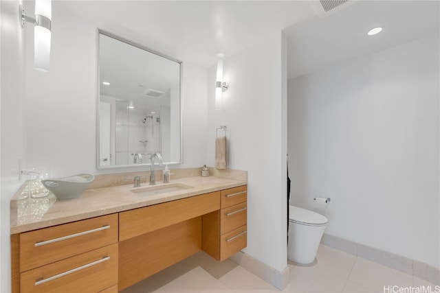 full bath featuring visible vents, a shower stall, toilet, tile patterned floors, and vanity