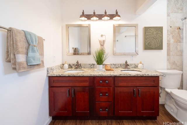 bathroom with double vanity, toilet, wood finished floors, and a sink