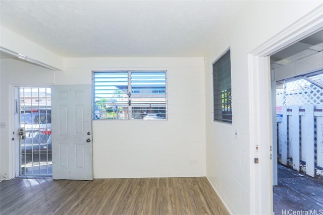 interior space with concrete block wall and wood finished floors