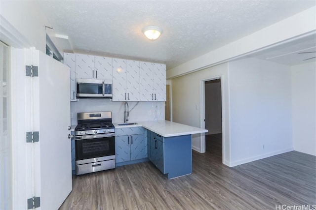 kitchen featuring a sink, wood finished floors, appliances with stainless steel finishes, a peninsula, and light countertops