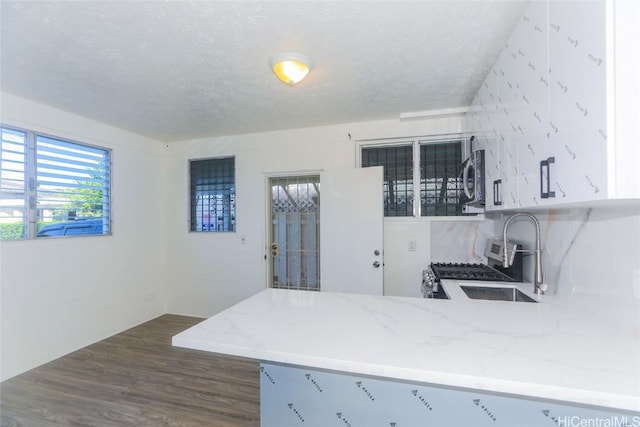 kitchen with a peninsula, stainless steel appliances, dark wood-style floors, a textured ceiling, and a sink