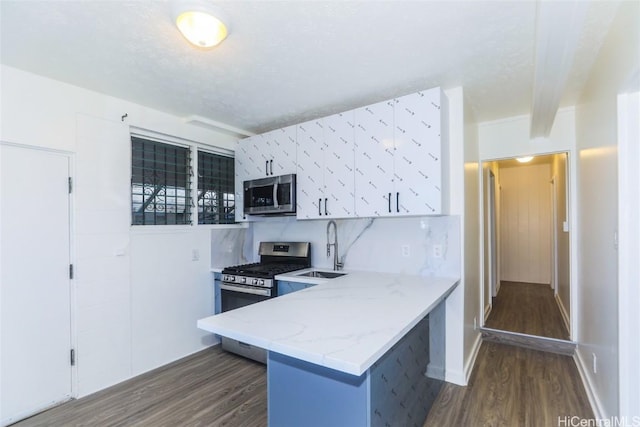 kitchen with dark wood-style floors, appliances with stainless steel finishes, light stone counters, and a sink