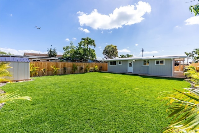 91-1046 Kauiki St, Ewa Beach, HI 96706 - view of yard featuring a storage unit, an outdoor structure, and a fenced backyard