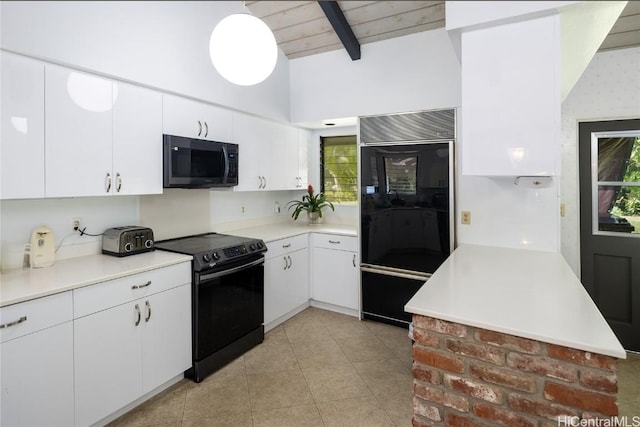 kitchen with white cabinetry, black appliances, vaulted ceiling with beams, and light countertops