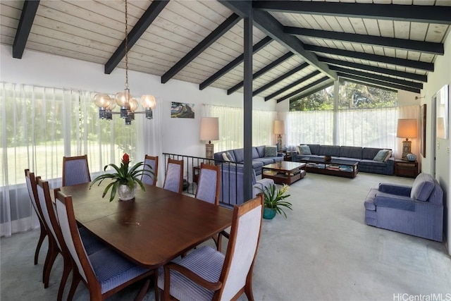 dining space with beamed ceiling, high vaulted ceiling, and a chandelier