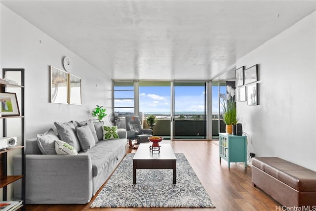 living room featuring wood finished floors and floor to ceiling windows