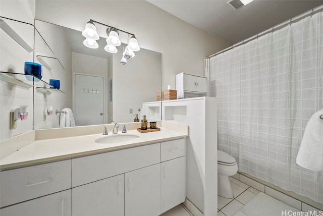 full bath featuring tile patterned flooring, toilet, vanity, and visible vents