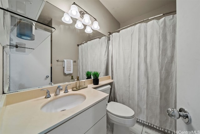 bathroom featuring a shower with shower curtain, toilet, and vanity