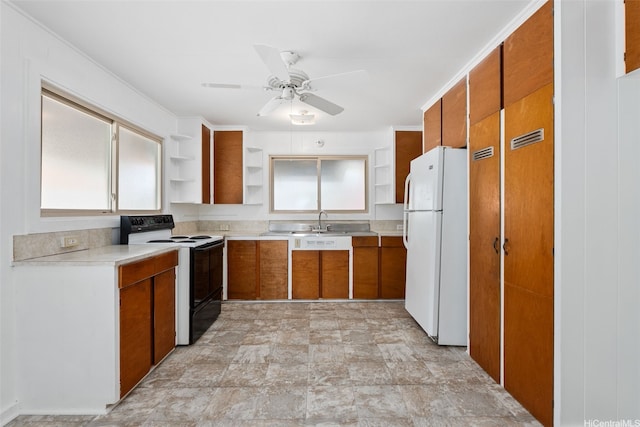 99-426 Poaha Pl, Aiea, HI 96701 - kitchen with electric range, freestanding refrigerator, open shelves, brown cabinetry, and a ceiling fan