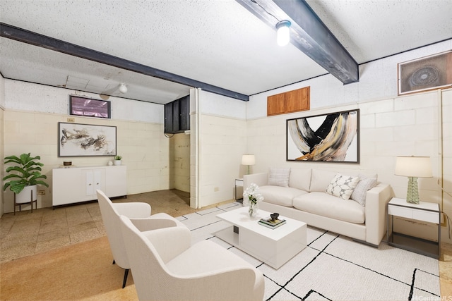 99-426 Poaha Pl, Aiea, HI 96701 - living area featuring concrete block wall, a textured ceiling, and beamed ceiling