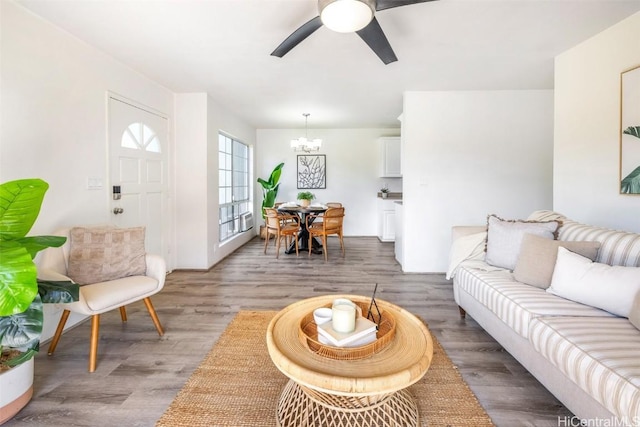 living room with light wood finished floors and ceiling fan with notable chandelier