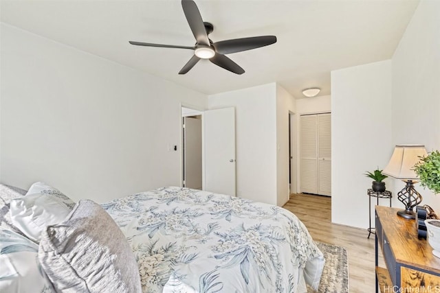 bedroom featuring light wood-type flooring and a ceiling fan