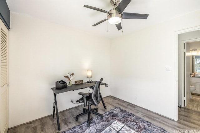 office area featuring ceiling fan and wood finished floors