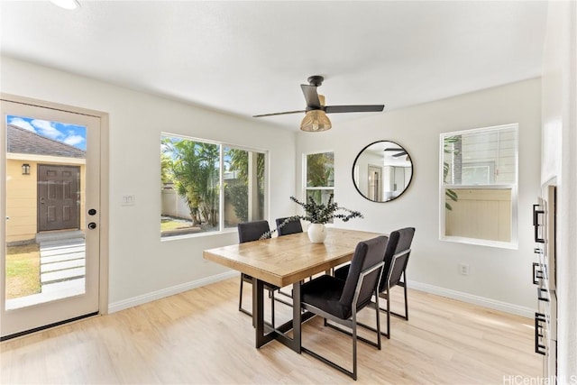 dining room with ceiling fan, light wood-type flooring, and baseboards