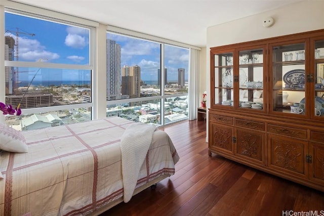 bedroom with a view of city, dark wood-style floors, and floor to ceiling windows