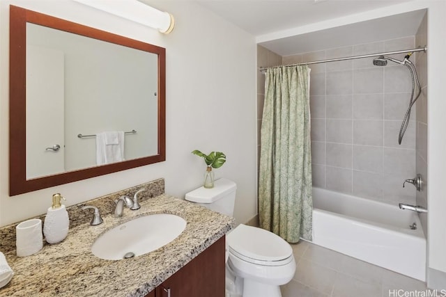 full bath featuring tile patterned flooring, toilet, vanity, and shower / bathtub combination with curtain