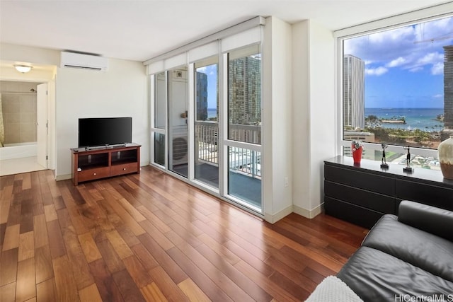 living area featuring a wall mounted air conditioner, a wealth of natural light, wood finished floors, and floor to ceiling windows