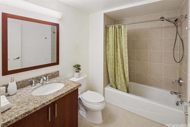 bathroom featuring tile patterned flooring, shower / bath combination with curtain, vanity, and toilet