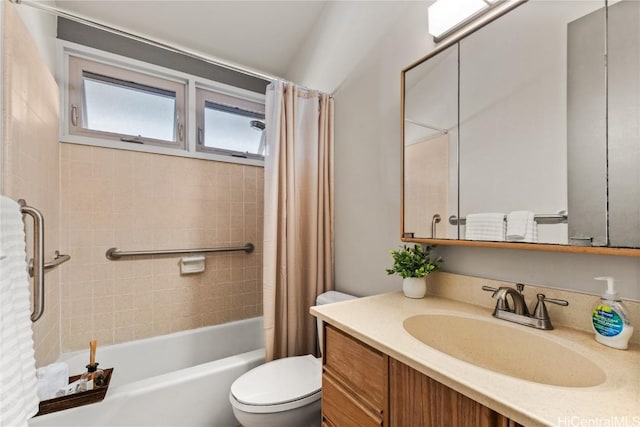 bathroom featuring toilet, vanity, and shower / bathtub combination with curtain