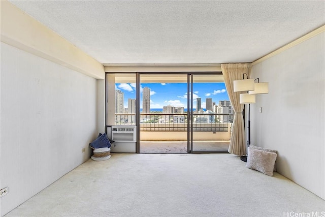 spare room featuring cooling unit, carpet floors, a textured ceiling, and a city view