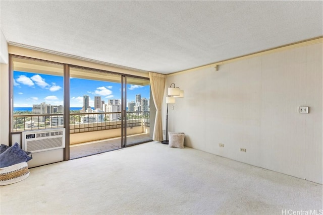 carpeted empty room with cooling unit, a textured ceiling, and a city view