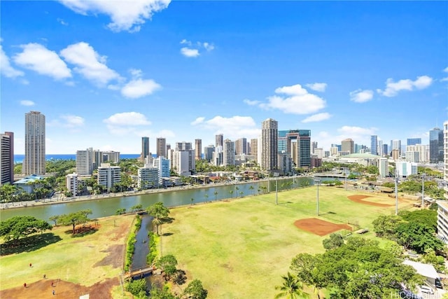 bird's eye view featuring a view of city and a water view