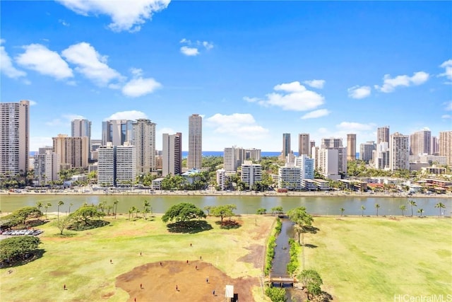 birds eye view of property featuring a city view and a water view