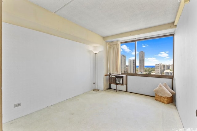 spare room featuring a city view, carpet flooring, and a textured ceiling