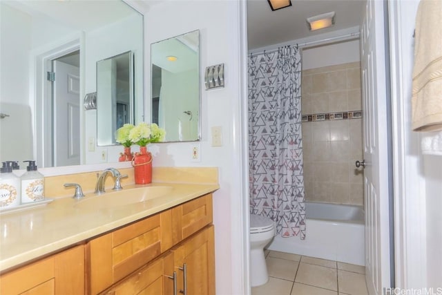 full bathroom with tile patterned floors, shower / bath combination with curtain, toilet, and vanity