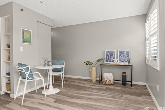 dining room featuring wood finished floors, baseboards, and a textured ceiling