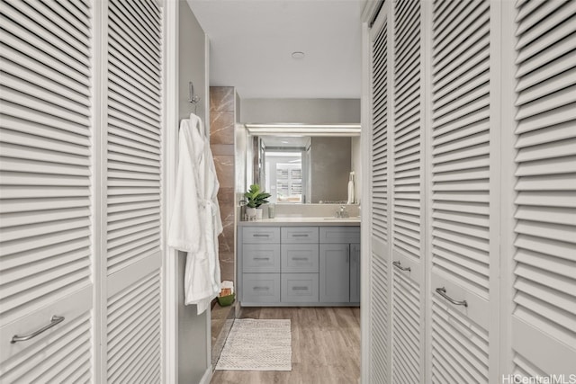 bathroom with vanity, wood finished floors, a closet, and walk in shower