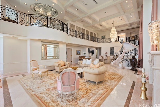 living area with recessed lighting, baseboards, a chandelier, and stairs