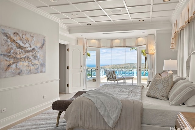 bedroom with access to exterior, coffered ceiling, baseboards, and ornamental molding