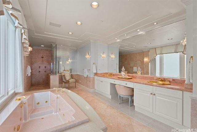 full bathroom featuring a tile shower, recessed lighting, tile patterned floors, a tub with jets, and a sink