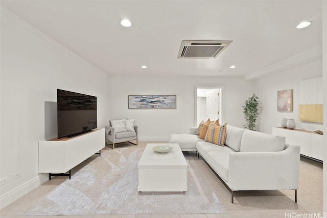 living room with recessed lighting, visible vents, baseboards, and ornamental molding