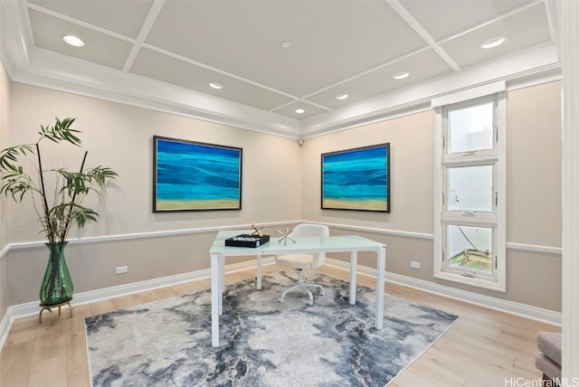 office space with recessed lighting, coffered ceiling, baseboards, and wood finished floors