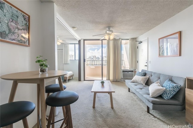 living room with light carpet, cooling unit, a textured ceiling, and a ceiling fan