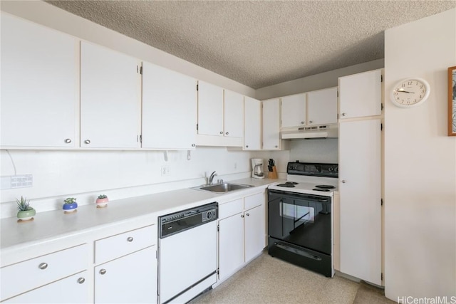 kitchen with a sink, range with electric cooktop, under cabinet range hood, a textured ceiling, and dishwasher